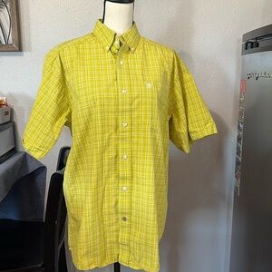 Ariat Pro Series Mens Medium Short Sleeve Yellow Plaid Western Rodeo Button Up